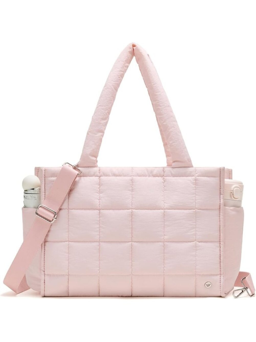 Women's Pink Quilted Zipper Tote Bag Puffy Weekender Overnight Nylon Shoulder